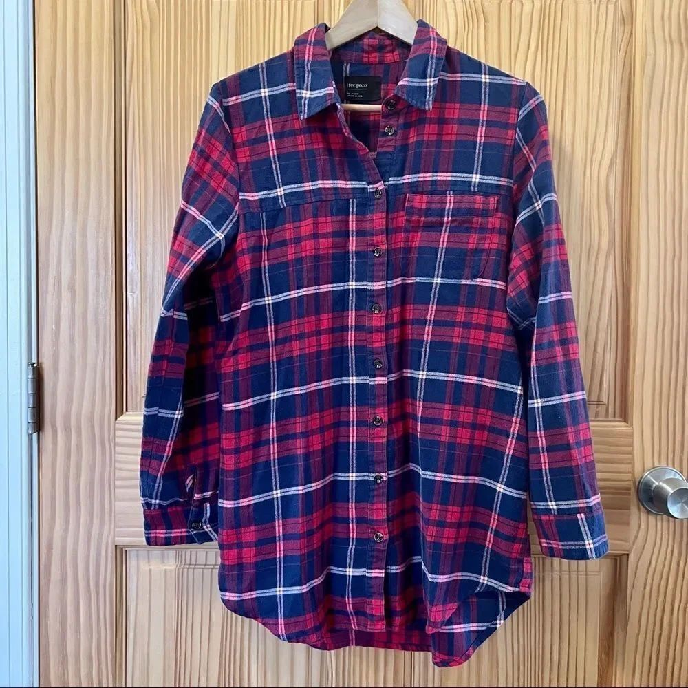 Free Press red blue white brushed flannel long sleeve button down shirt tunic S
